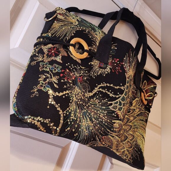 Vintage Embroidery new in bag black peacock sequin shoulder bag - Picture 2 of 5